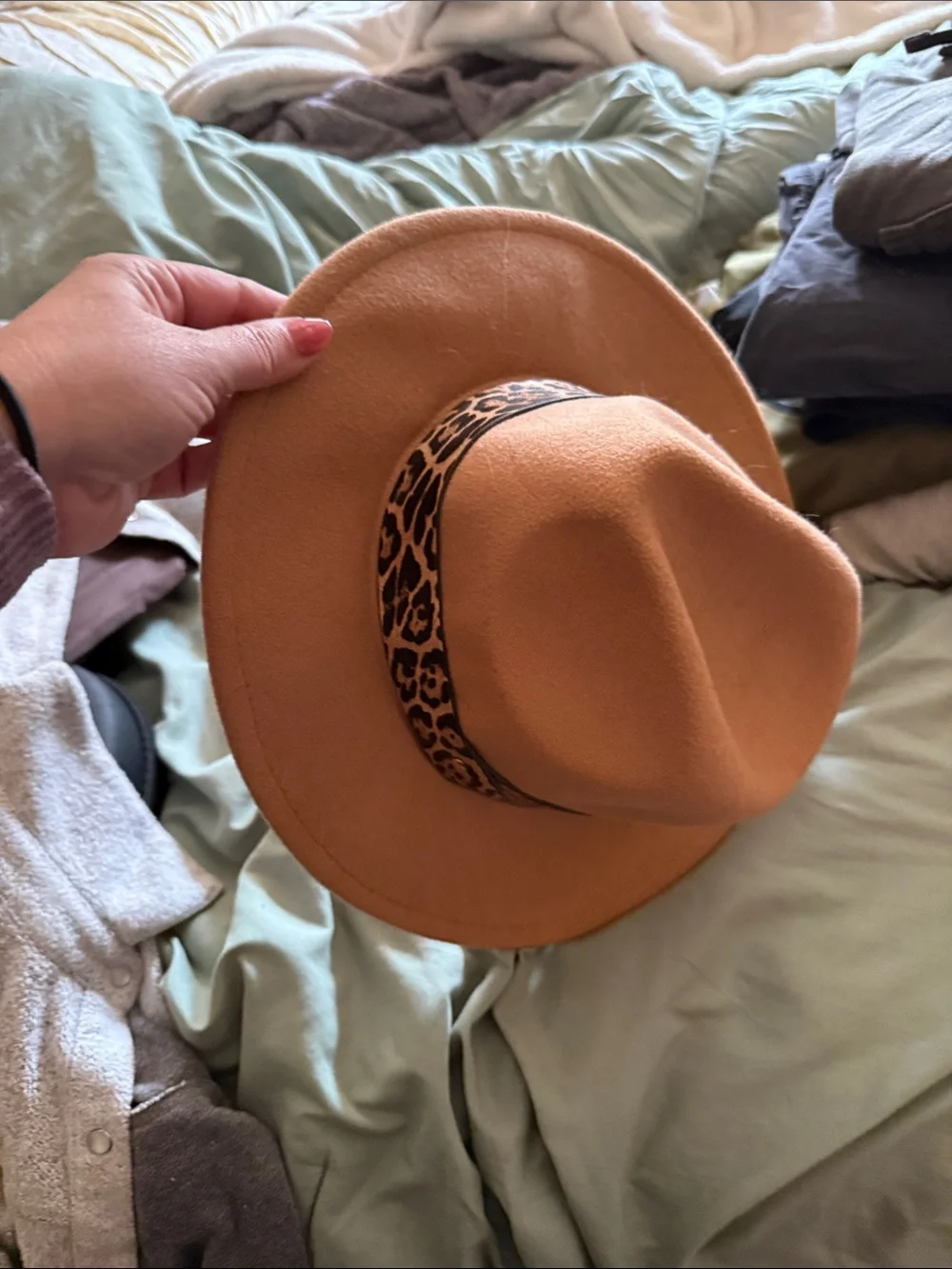 Women's Tan Felt Fedora with Leopard Accent